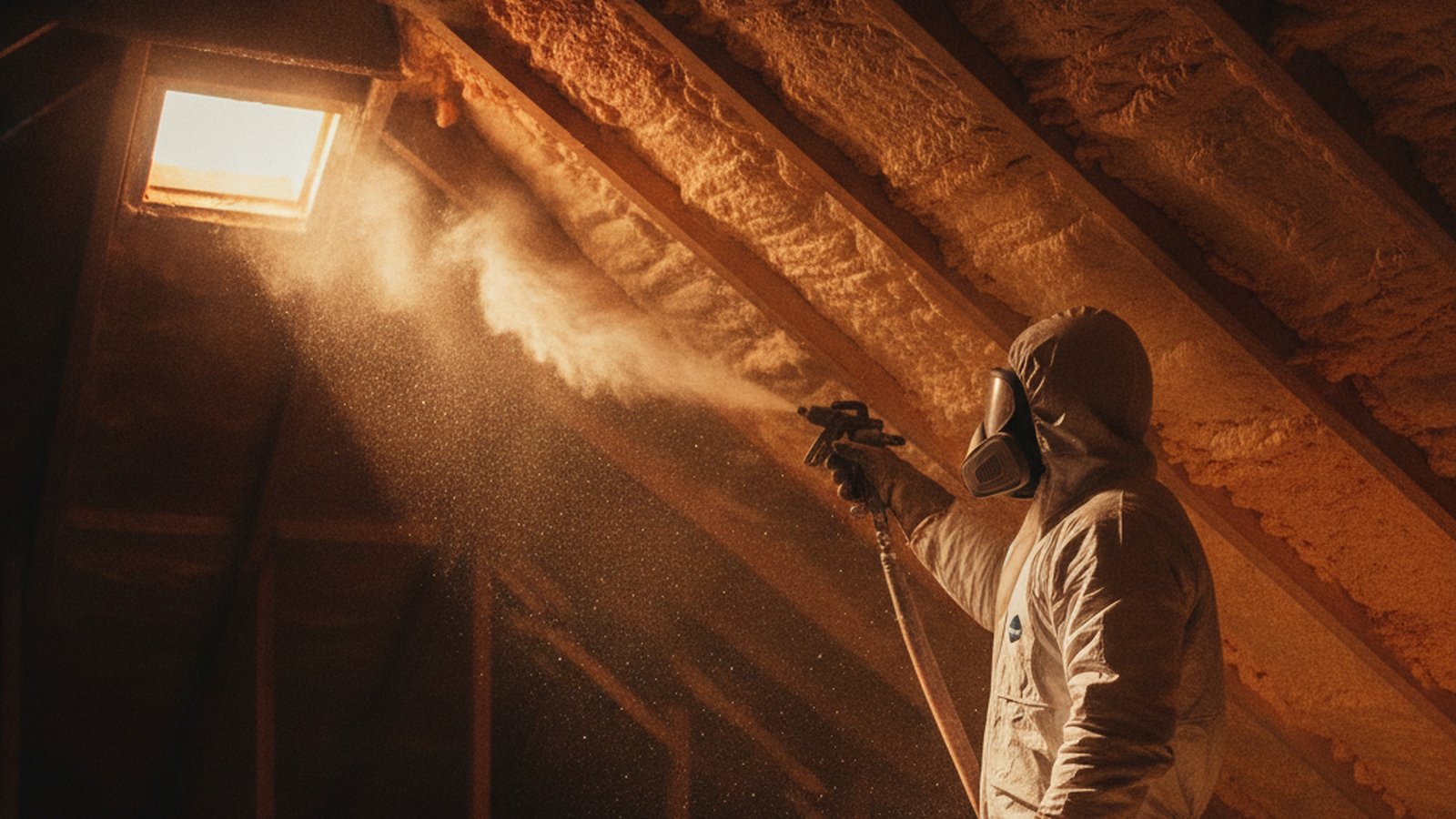 A spray foam applicator in protective gear spraying foam insulation in an attic